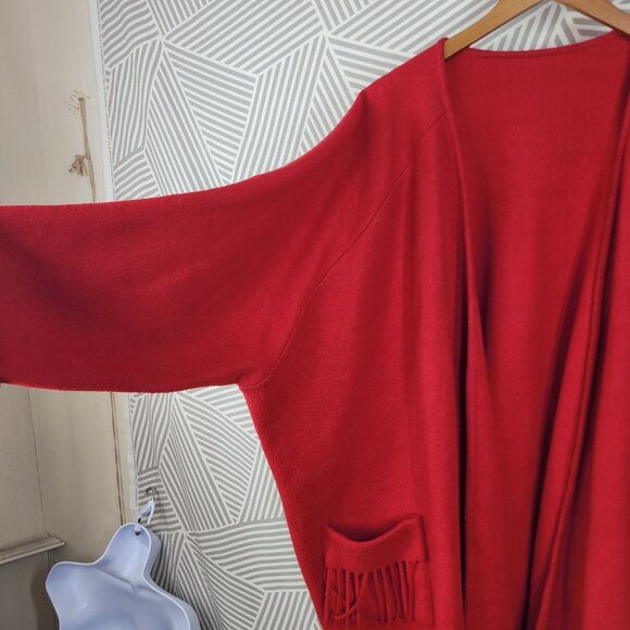 Vintage Fleece Coat One Plus Size 1X 2X 3X 4X Long Warm Red Fringe Pockets Open - Picture 3 of 4